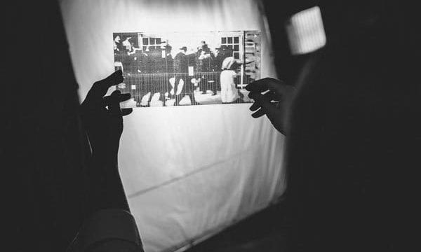 Train Heist film negative Looking through a vintage black and white film negative