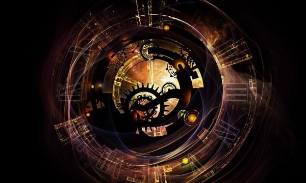 Cogs and clock in dark circle portal