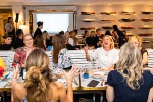 Group of women laughing during trivia event